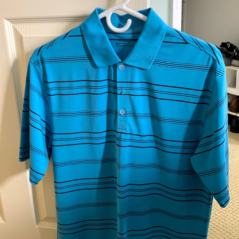 Nike dry fit golf shirt in aqua blue with black stripe - mens small